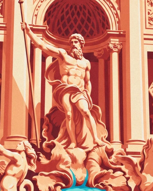 Neptune barbu, le bras levé, devant les colonnes crème de la fontaine de Trevi