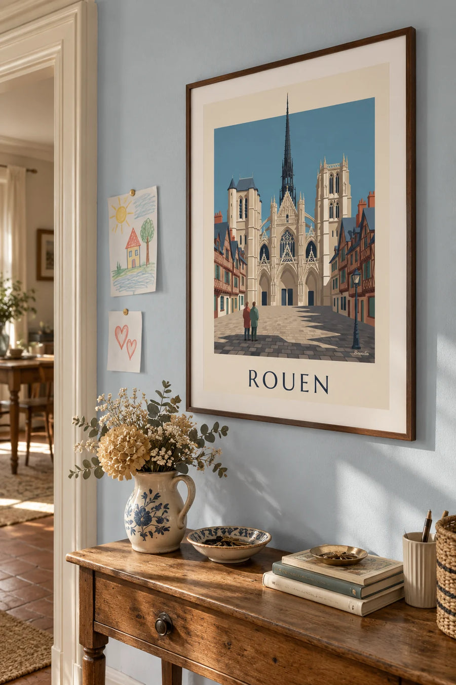 Poster kathedraal Notre-Dame van Rouen en vakwerkhuizen: ingelijst aan de muur