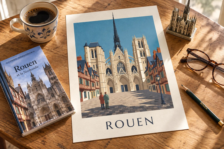 Poster kathedraal Notre-Dame van Rouen en vakwerkhuizen: op een tafel