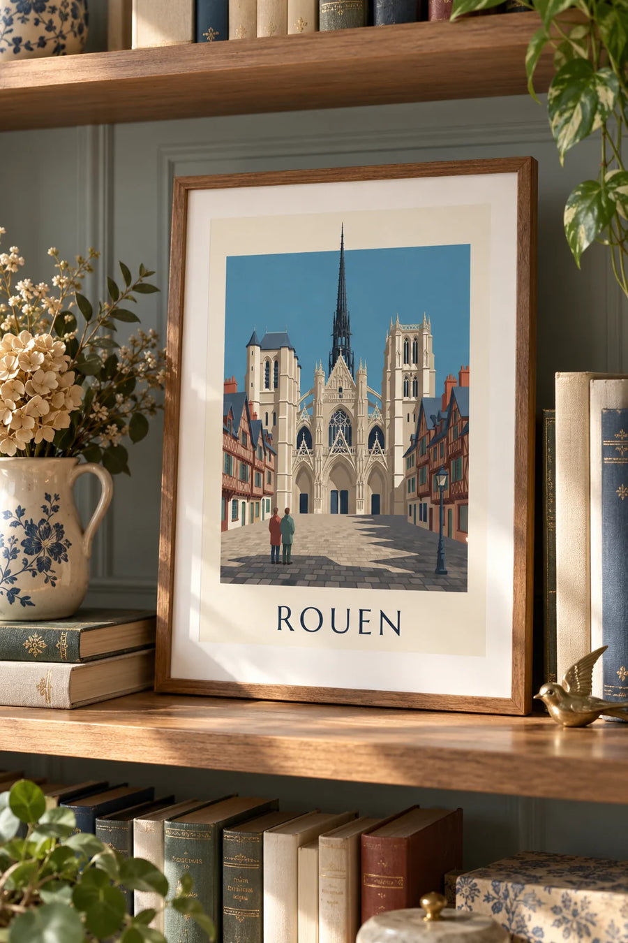 Poster kathedraal Notre-Dame van Rouen en vakwerkhuizen: klein formaat A4 ingelijst