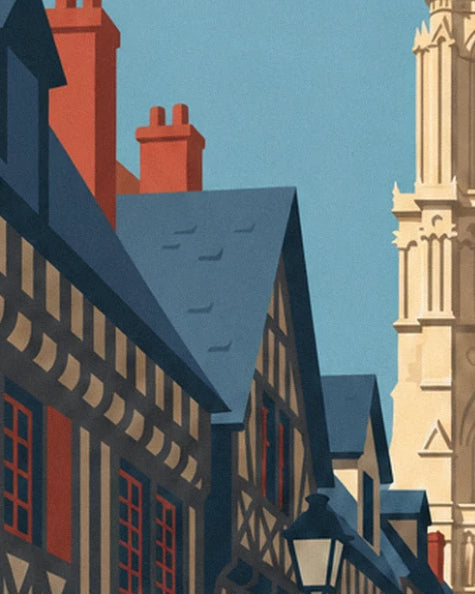 The blue slate roofs, red chimneys and a street lamp at the foot of the tower