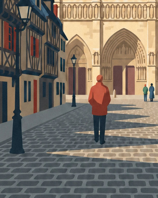 The walker in an orange jacket on the cobblestones, facing the cathedral doorway