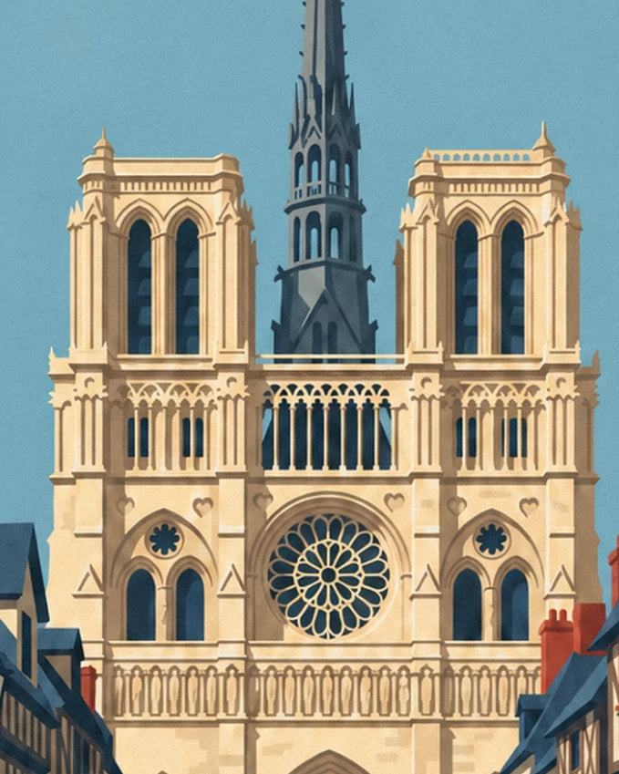 The cathedral façade, its rose window and dark spire against the blue sky