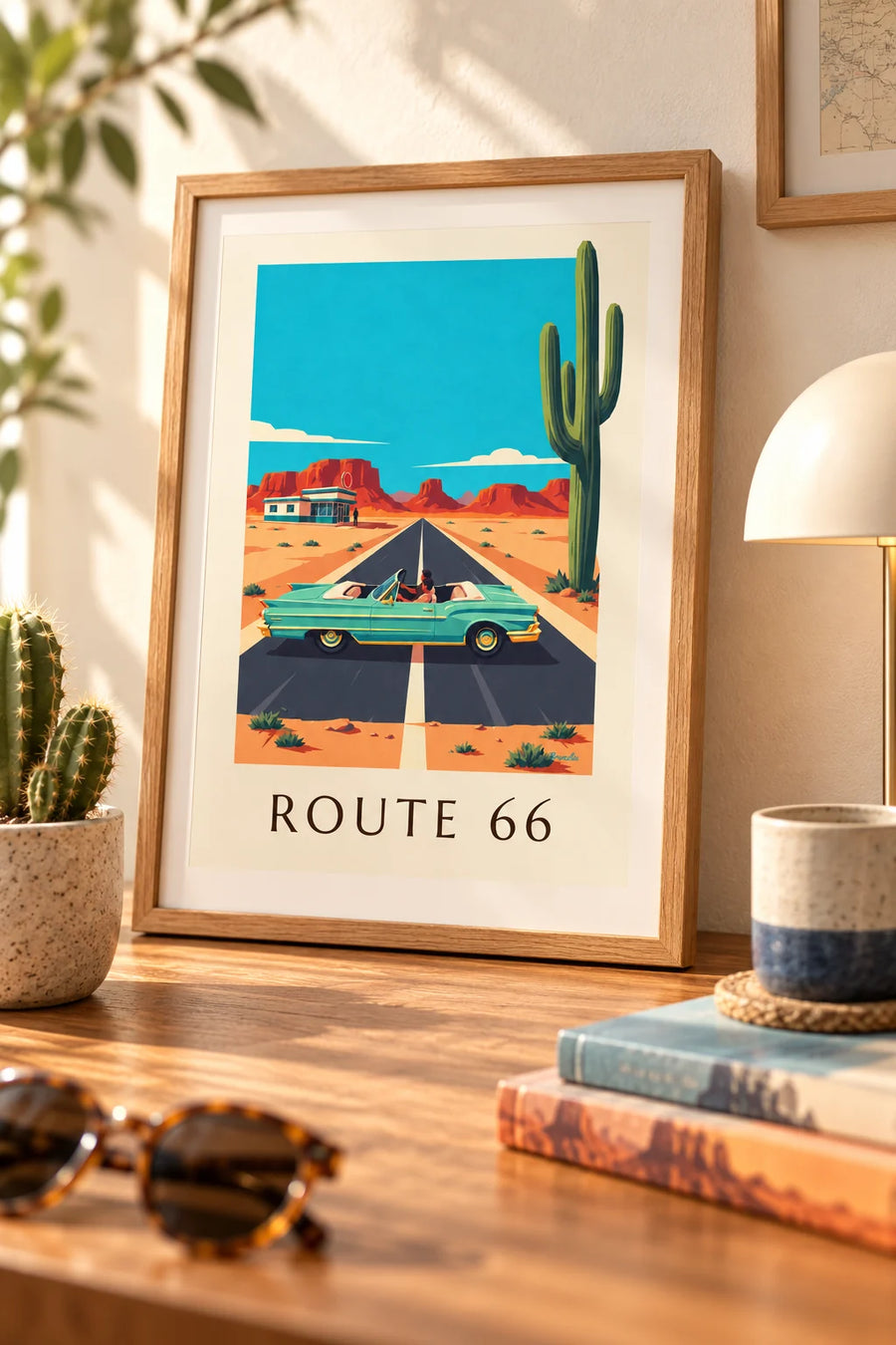 Poster of a car on Route 66 in the American desert: small framed A4
