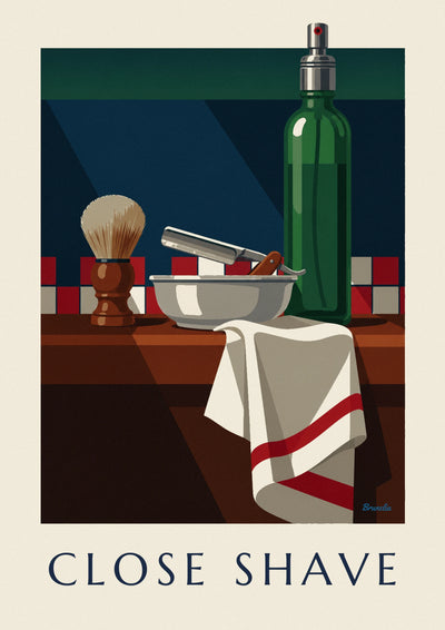 Affiche rasoir coupe-chou, blaireau et flacon d'après-rasage : l'affiche entière