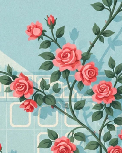 Des roses corail aux tiges élancées et au feuillage vert devant un carrelage bleu pâle