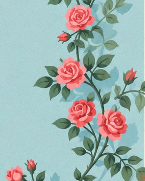 Les roses corail et leurs tiges feuillues sur le fond bleu de la salle de bains