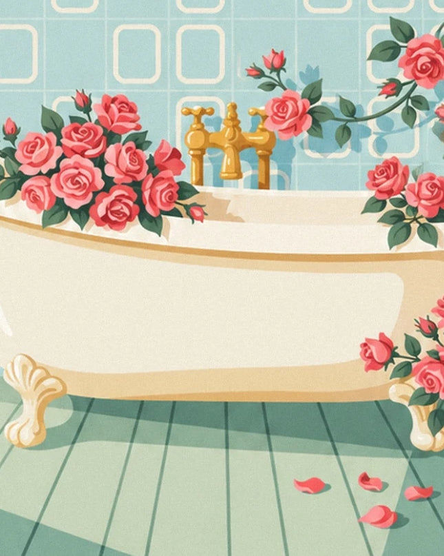 La baignoire crème sur pieds dorés, entourée de roses sur un parquet vert