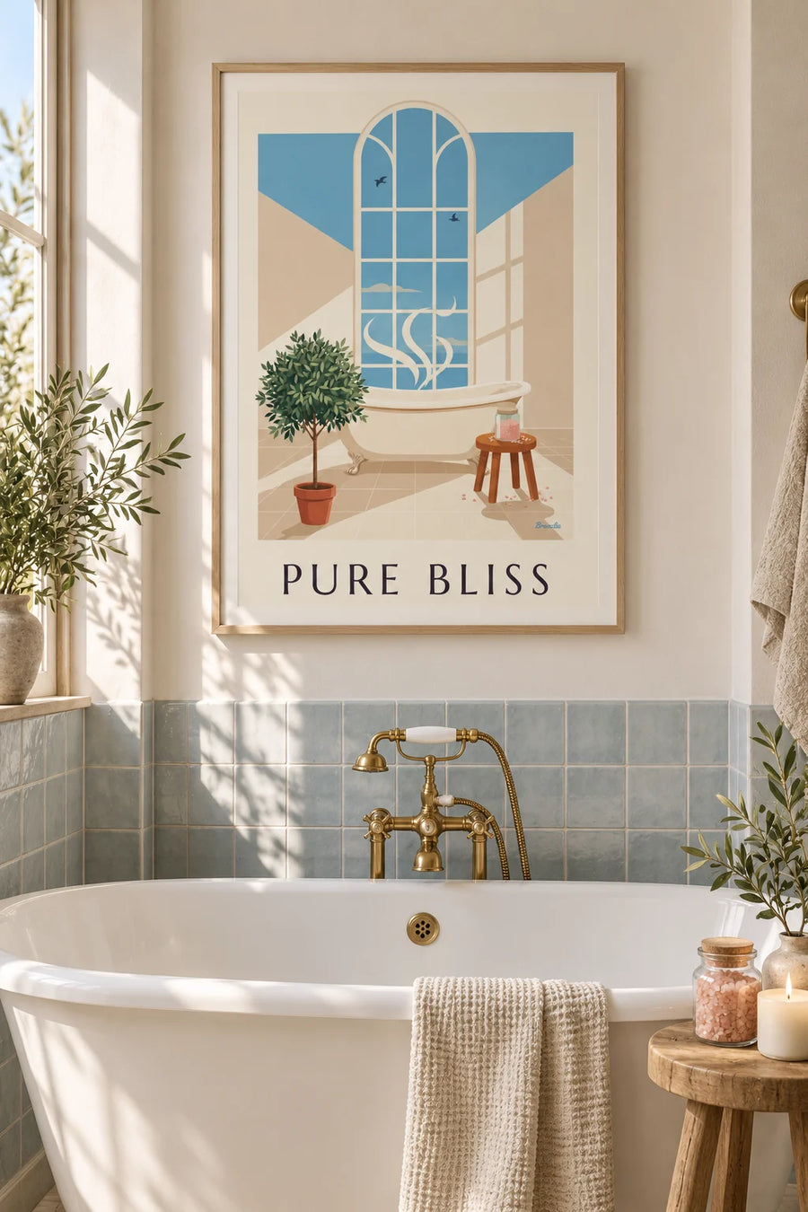 Poster bad, badzout en rozenblaadjes: ingelijst aan de muur