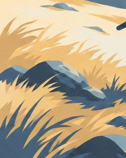 Les rochers bleu ardoise au milieu des herbes dorées et des ombres pointues