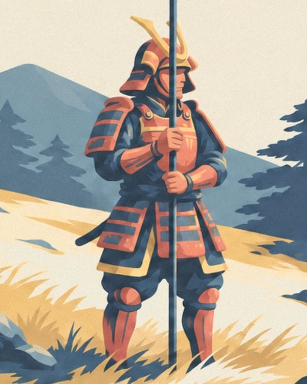Le samouraï en armure rouge et bleu sombre, sa lance dressée entre les mains