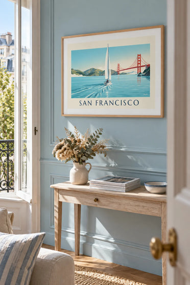 Poster van een wit zeilschip in de baai van San Francisco: ingelijst aan de muur