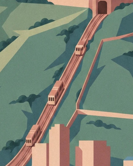 Les voitures du funiculaire sur les rails roses, entre les pentes vertes
