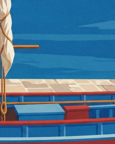 The blue hull of the caique with its red trim and furled sail beside the quay