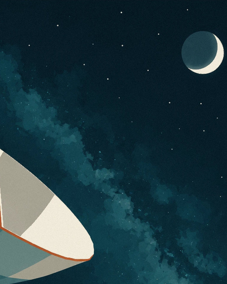 Poster Radioteleskop, das in der Wüste auf einen Sternenhimmel gerichtet ist: Detail in Nahaufnahme