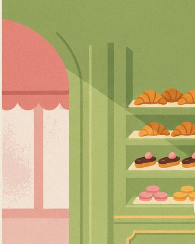 The shopfront with its scalloped pink awning and shelves of croissants, éclairs and macarons
