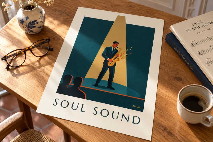 Poster goldenes Saxophon im Lichtstrahl, Jazz: auf einem Tisch