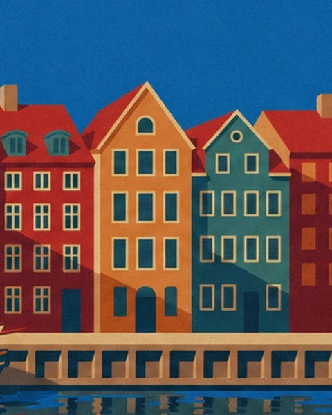 The orange and teal houses with red roofs facing the Nyhavn canal