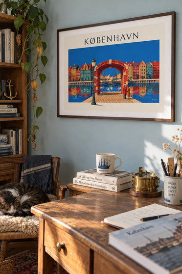 Poster bunte Häuser und alte Segelschiffe am Nyhavn in Kopenhagen: gerahmt an der Wand