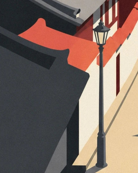 A dark street lamp in front of the cream walls and red and grey roofs of Bukchon