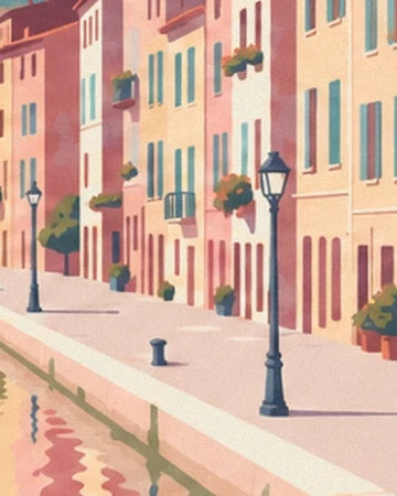Les façades pastel aux volets turquoise et les réverbères noirs au bord du canal