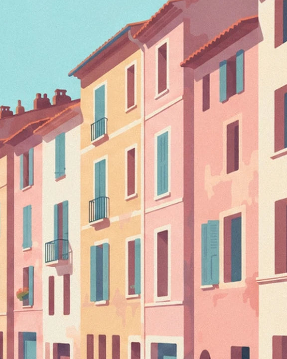 Les hautes façades roses et jaunes, leurs volets turquoise et leurs petits balcons