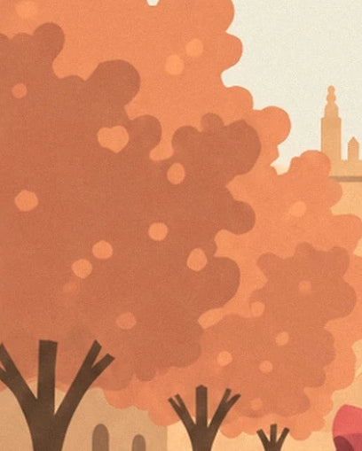 The trees with orange foliage and brown trunks in front of the façades of Séville