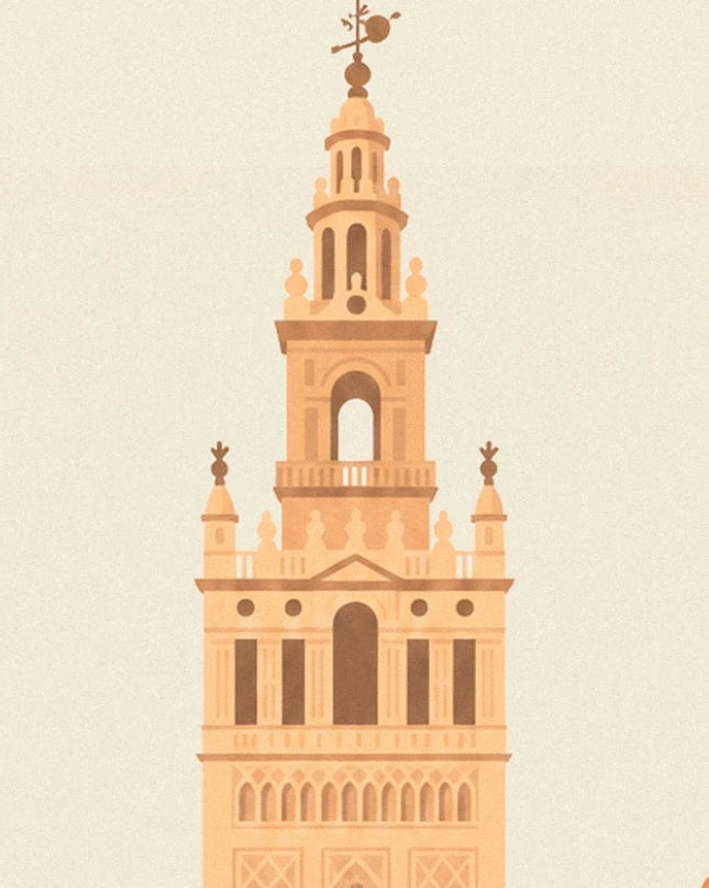 The top of the Giralda in Séville, its arches and weather vane against the cream sky