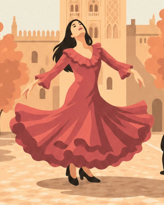 The black-haired dancer with her red ruffled dress spread out in front of the ochre façades