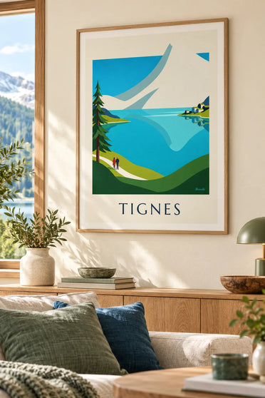 Affiche lac de Tignes et sommets enneigés de la Grande Motte : encadrée au mur