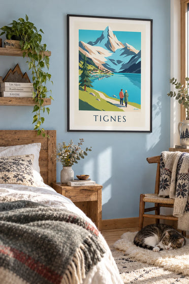 Poster meer van Tignes en besneeuwde toppen van de Grande Motte: ingelijst aan de muur