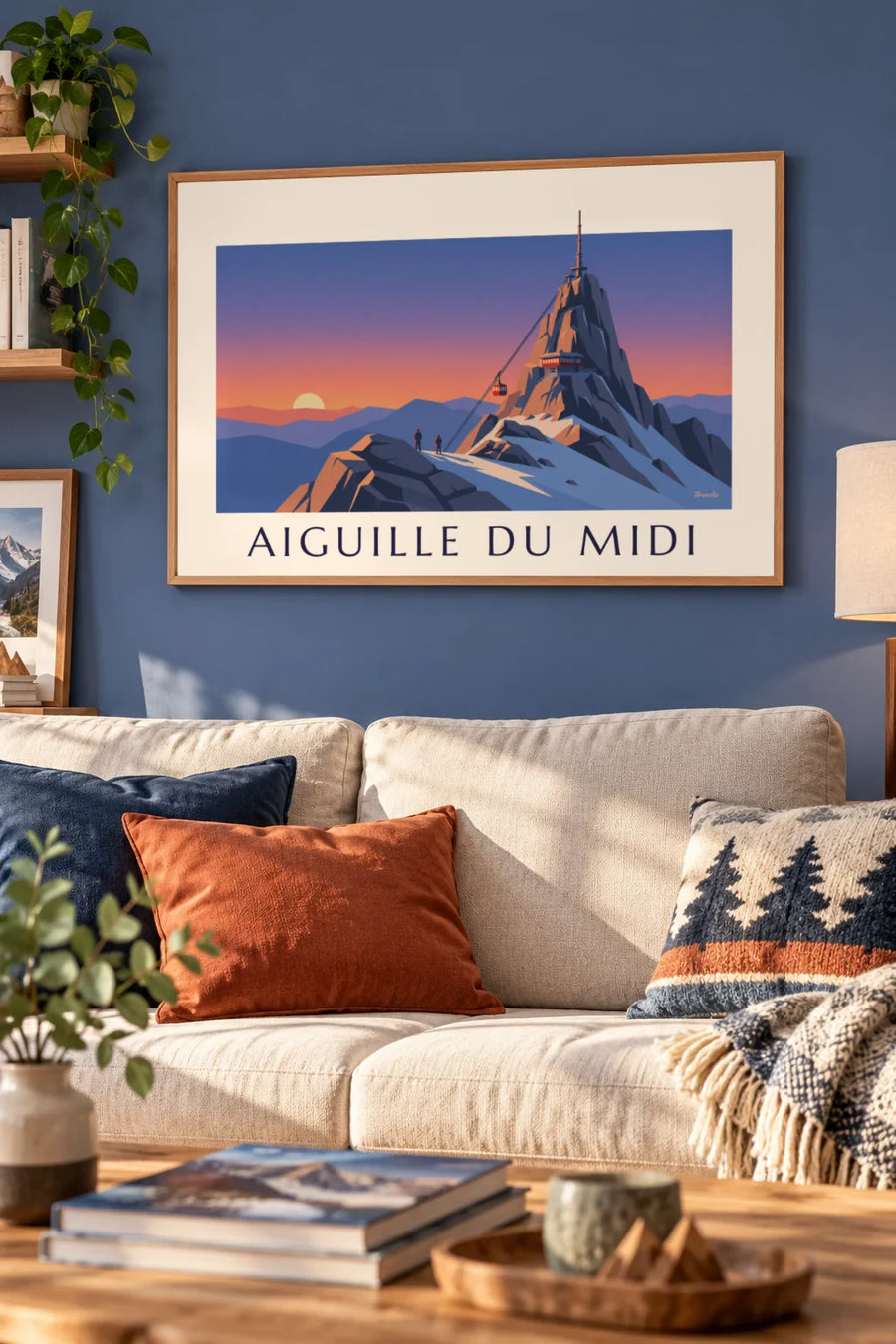 Affiche téléphérique de l'Aiguille du Midi au coucher du soleil : encadrée au mur
