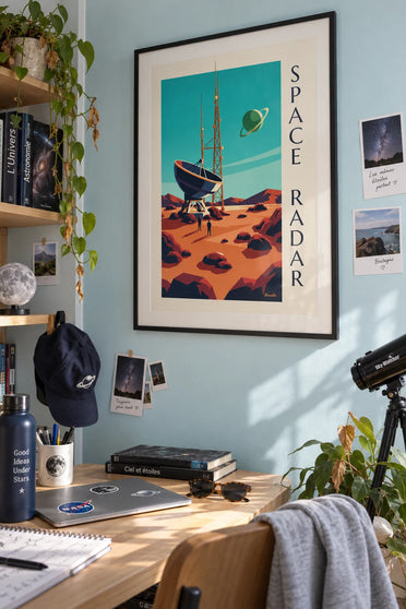 Poster Weltraum-Radarstation auf einem felsigen Planeten: gerahmt an der Wand