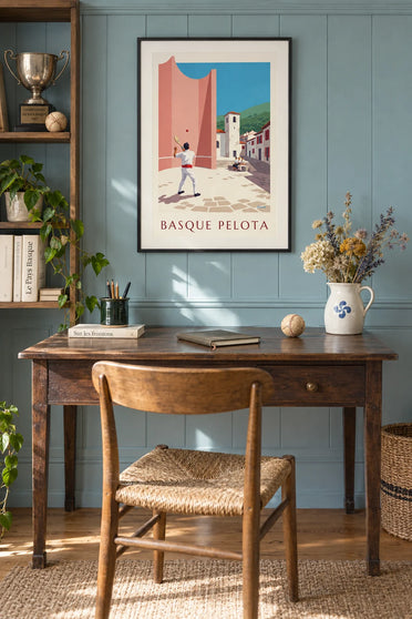Poster Baskische pelotaspeler voor de fronton van het dorp: ingelijst aan de muur