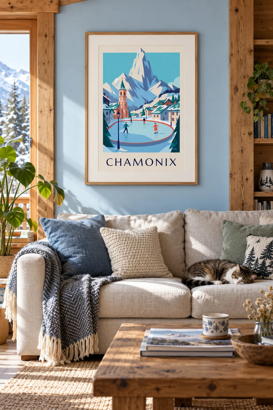 Affiche patineurs sur la patinoire de Chamonix et l'Aiguille du Midi : encadrée au mur