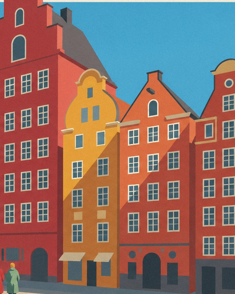 Poster bunte Fassaden am Stortorget in Gamla stan, Stockholm: Detail in Nahaufnahme