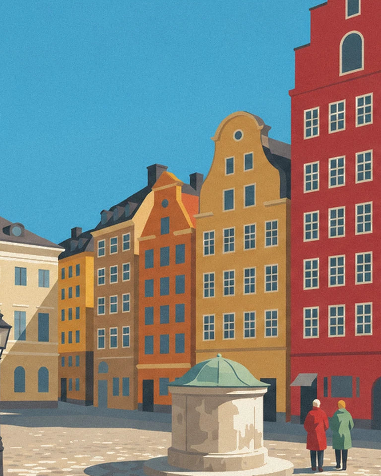 Poster bunte Fassaden am Stortorget in Gamla stan, Stockholm: Detail in Nahaufnahme