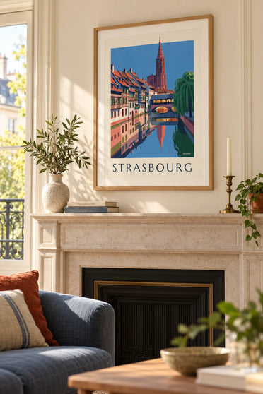 Poster vakwerkhuizen en overdekte brug van La Petite France in Straatsburg: ingelijst aan de muur