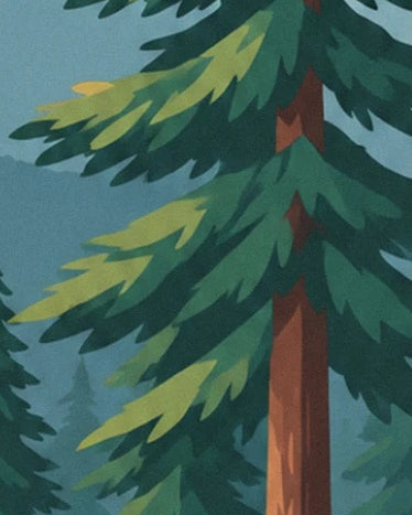 The orange-brown trunk of a fir tree and its branches with green and golden needles