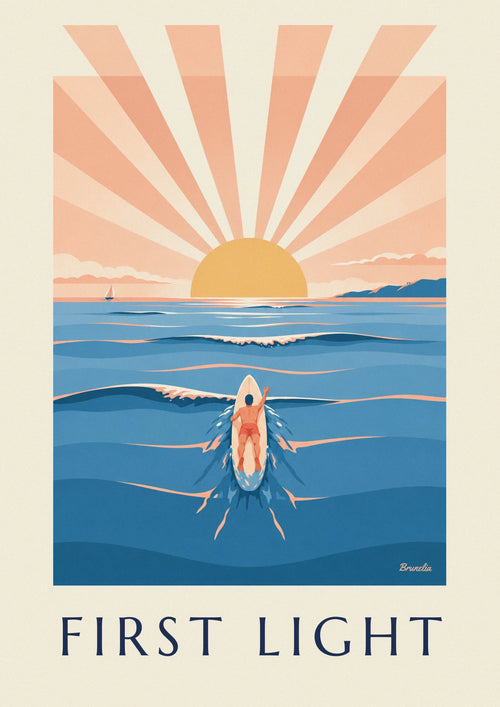 Poster Surfer, der bei Sonnenaufgang aufs offene Meer hinauspaddelt: das ganze Poster