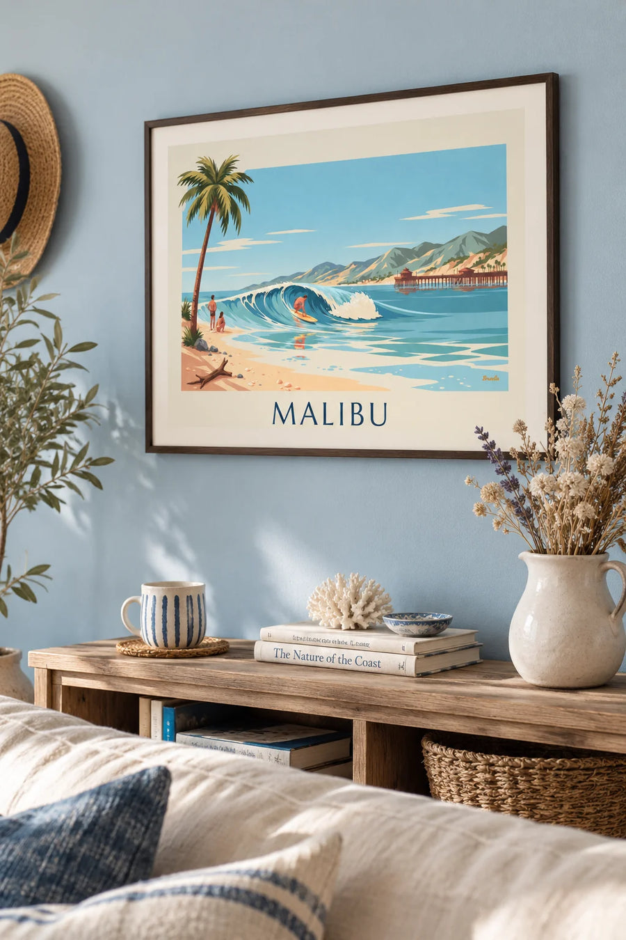 Affiche surfeur sur la vague de la pointe de Malibu : encadrée au mur