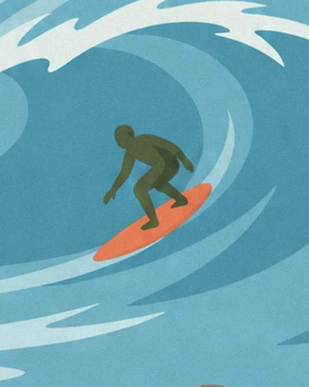 The surfer on an orange board in the hollow of a wave with blue curves
