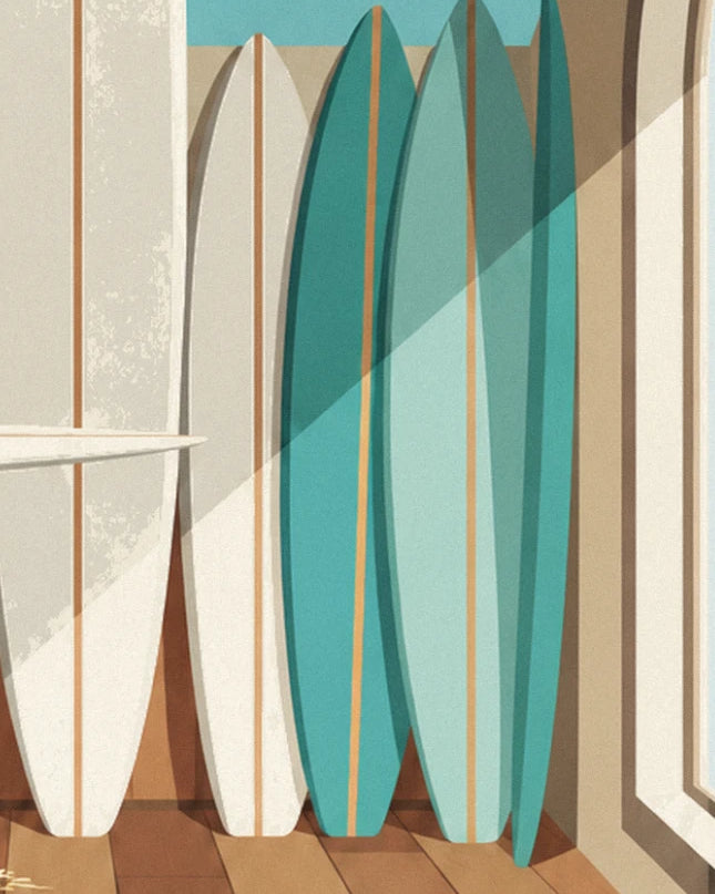 Une rangée de 5 planches dressées, blanches et turquoise à lisse orange, près de la fenêtre
