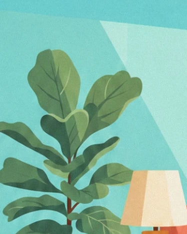 Les larges feuilles vertes de la plante près d’une lampe à abat-jour crème