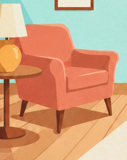 Le fauteuil corail près d'une table ronde et d'une lampe au pied jaune