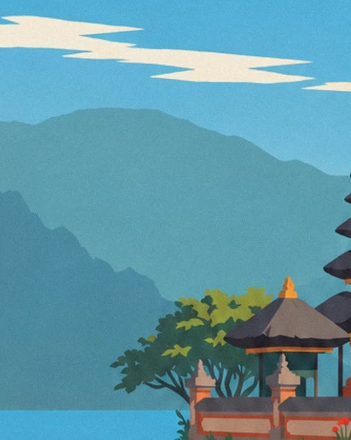 Les montagnes bleutées au-dessus du lac Bratan et du petit pavillon balinais