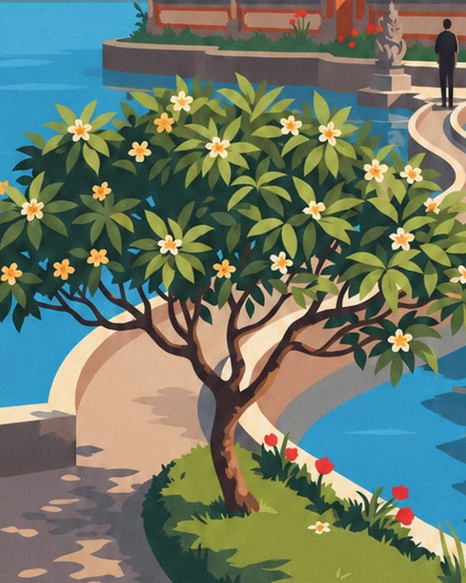 L’arbre aux fleurs crème près du chemin courbe et des eaux bleues du lac