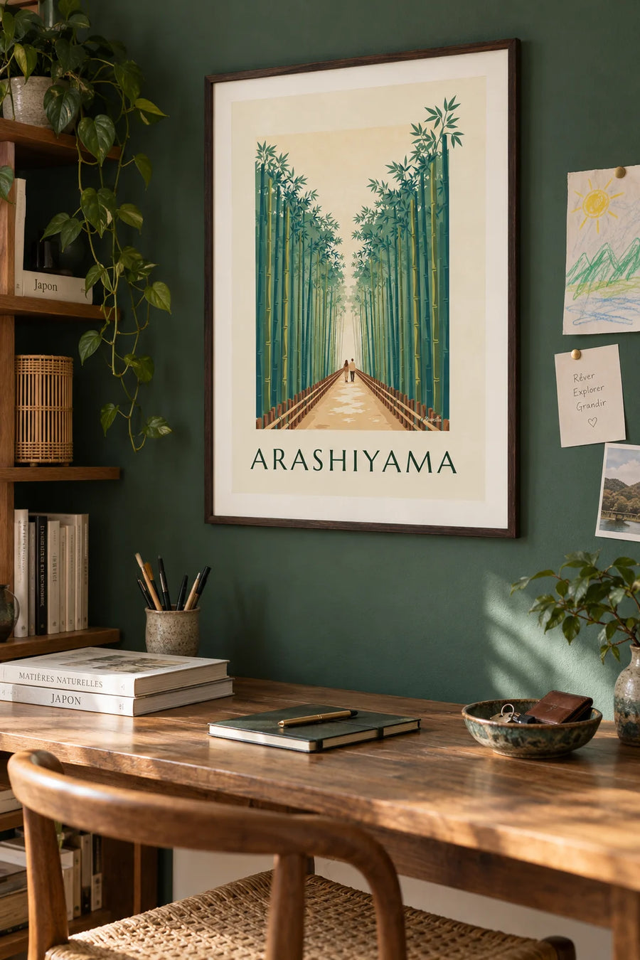 Arashiyama bamboo grove path in Kyoto poster: framed on the wall