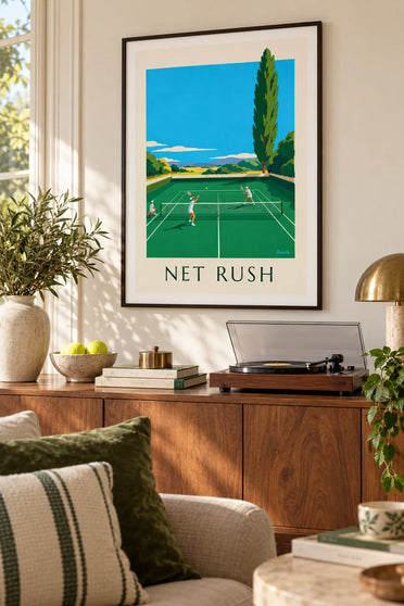 Affiche joueur de tennis à la volée au filet sur gazon : encadrée au mur