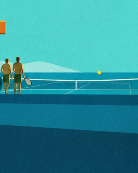 The 2 players near the net and the yellow ball on the court facing the sea